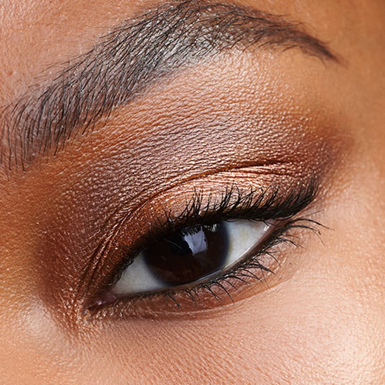 Close up of model eye showcasing defined brows and a natural, shimmery eye look